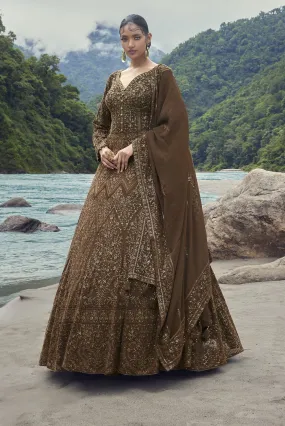 50Z833-RO Brown Embroidered Anarkali Suit with Dupatta