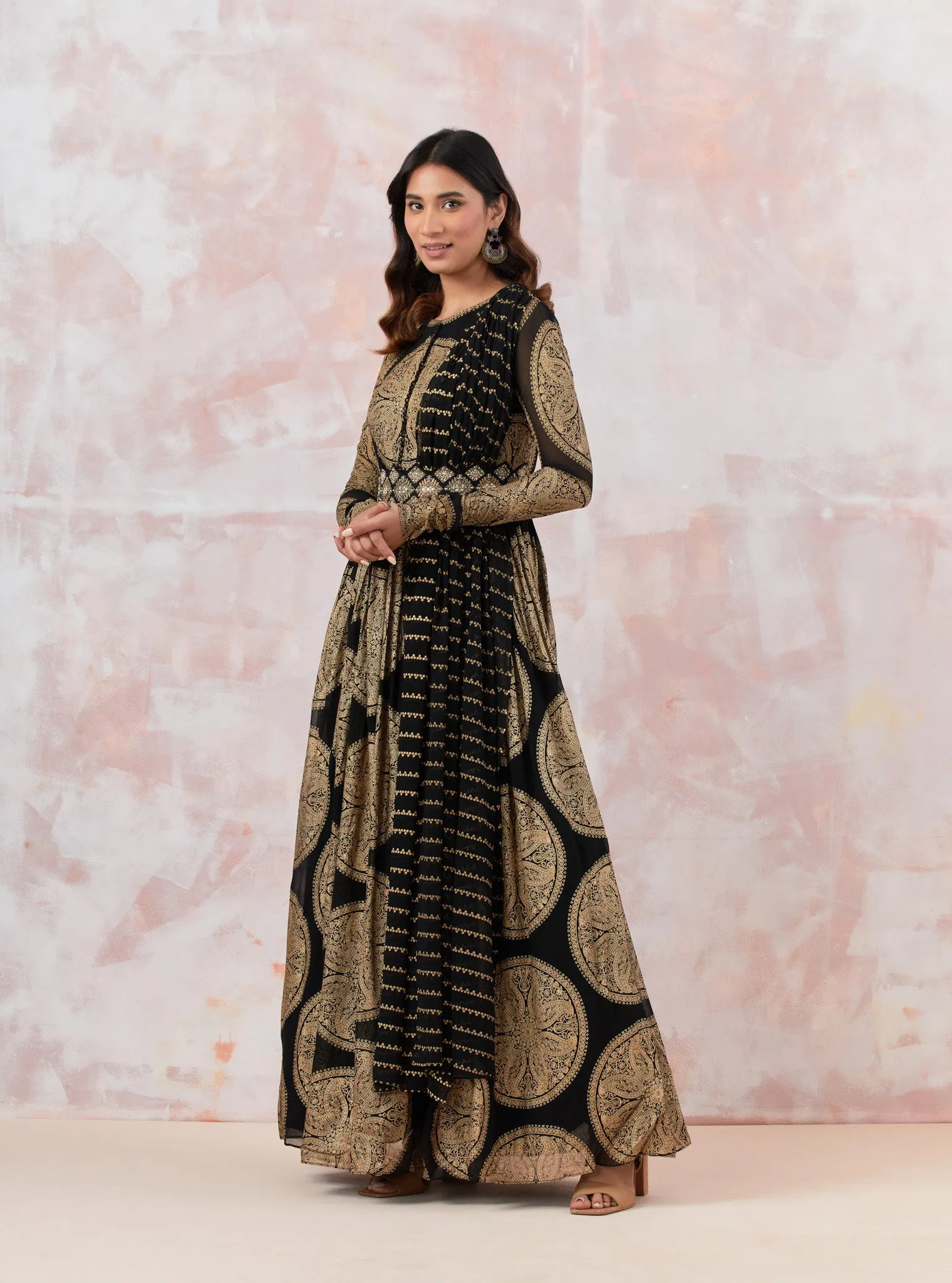 50Z883-NRO Black Embroidered Anarkali Set with Belt