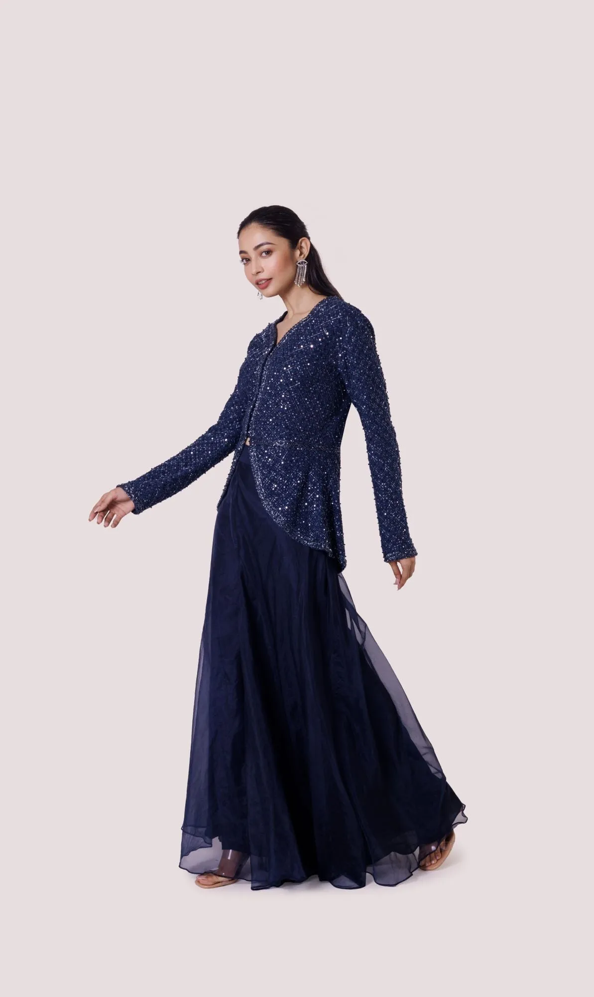 50Z993-RO Navy Blue Embroidered Organza and Georgette Skirt Set