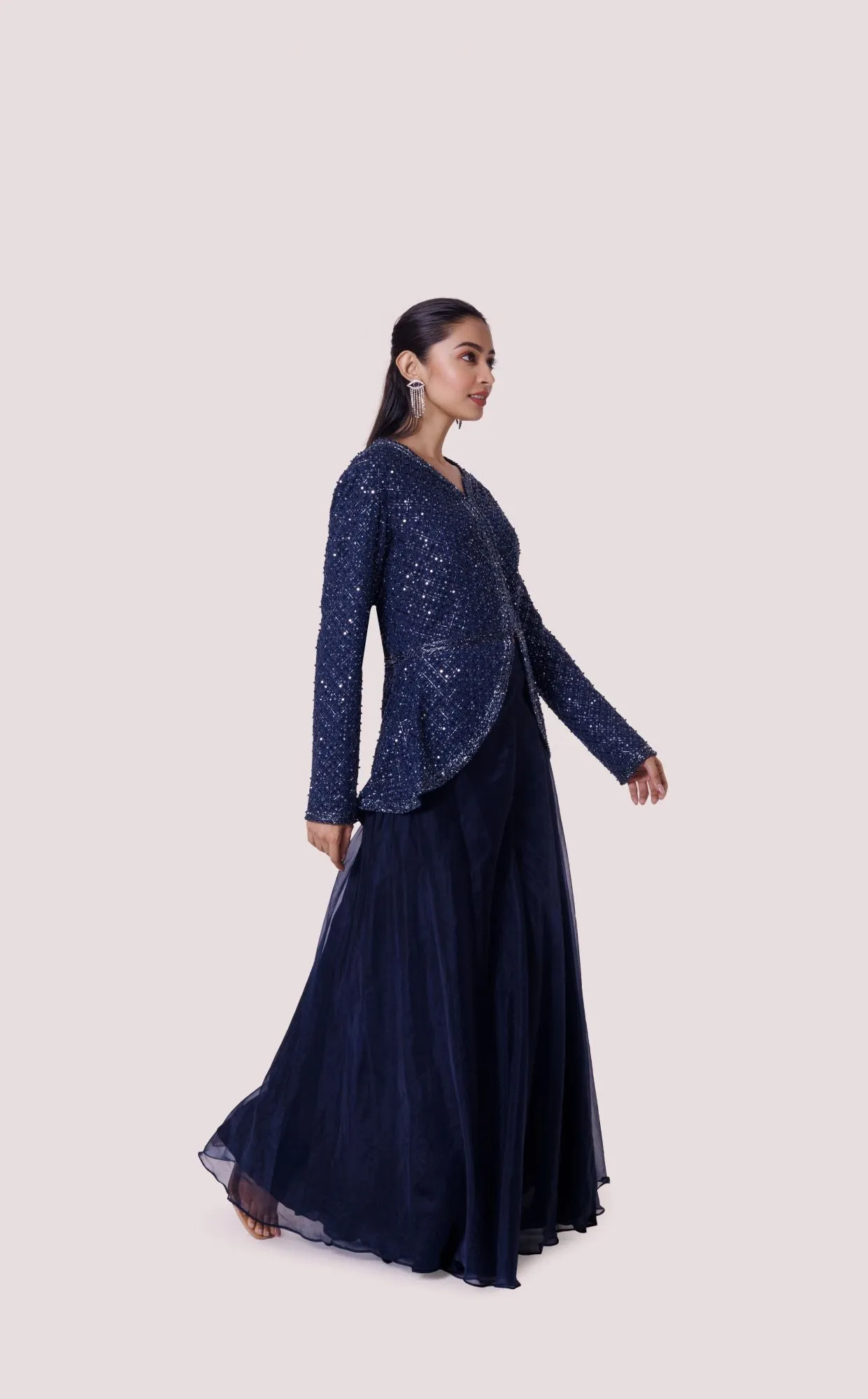 50Z993-RO Navy Blue Embroidered Organza and Georgette Skirt Set