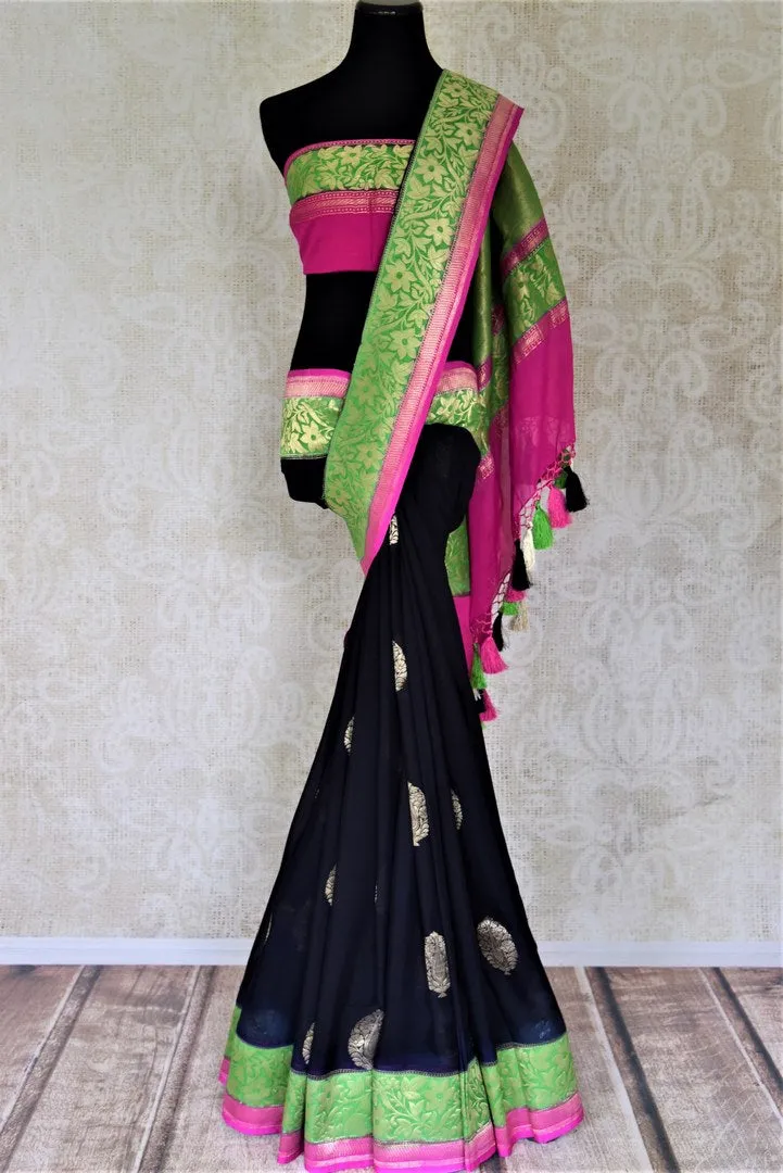 90I998-RO Black Georgette Banarasi Saree with Green Foliate Zari Border