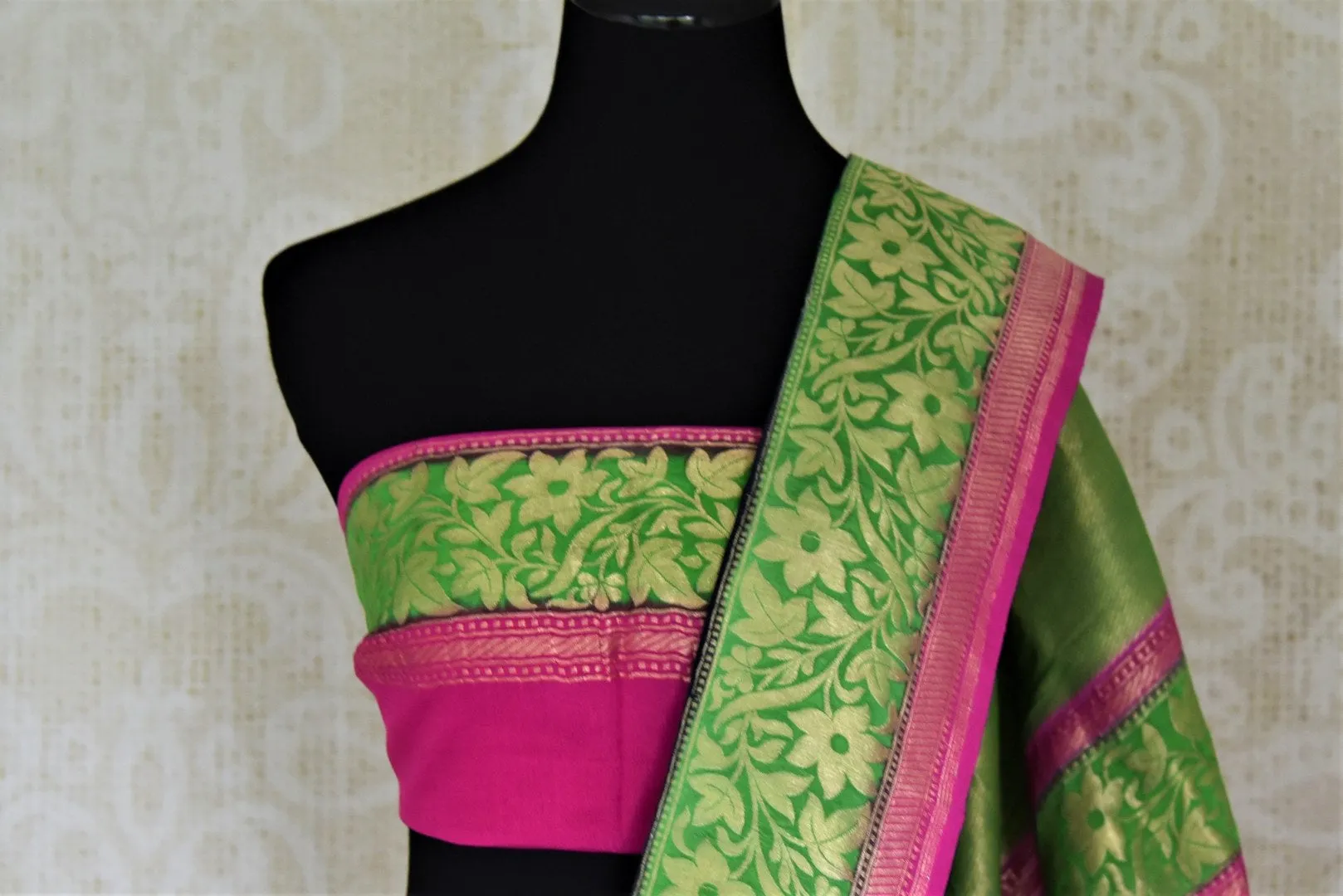 90I998-RO Black Georgette Banarasi Saree with Green Foliate Zari Border