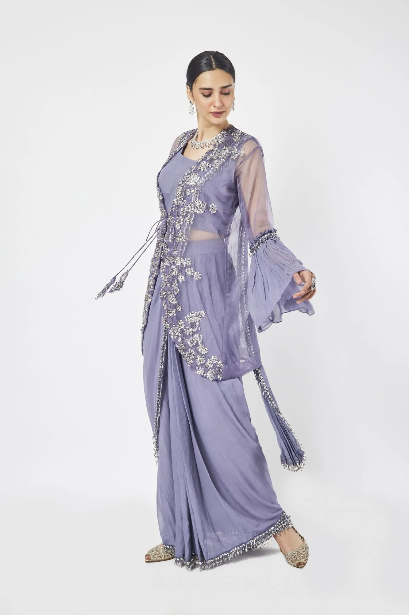 90Z896-RO Mauve Georgette Drape Saree With Jacket