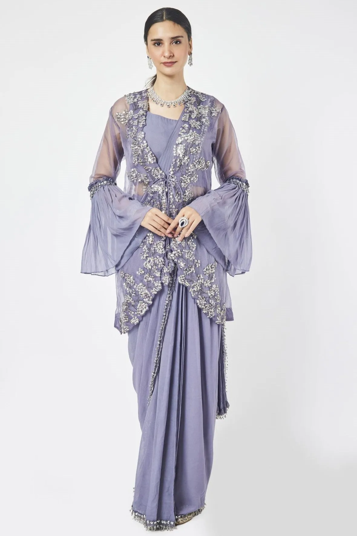 90Z896-RO Mauve Georgette Drape Saree With Jacket