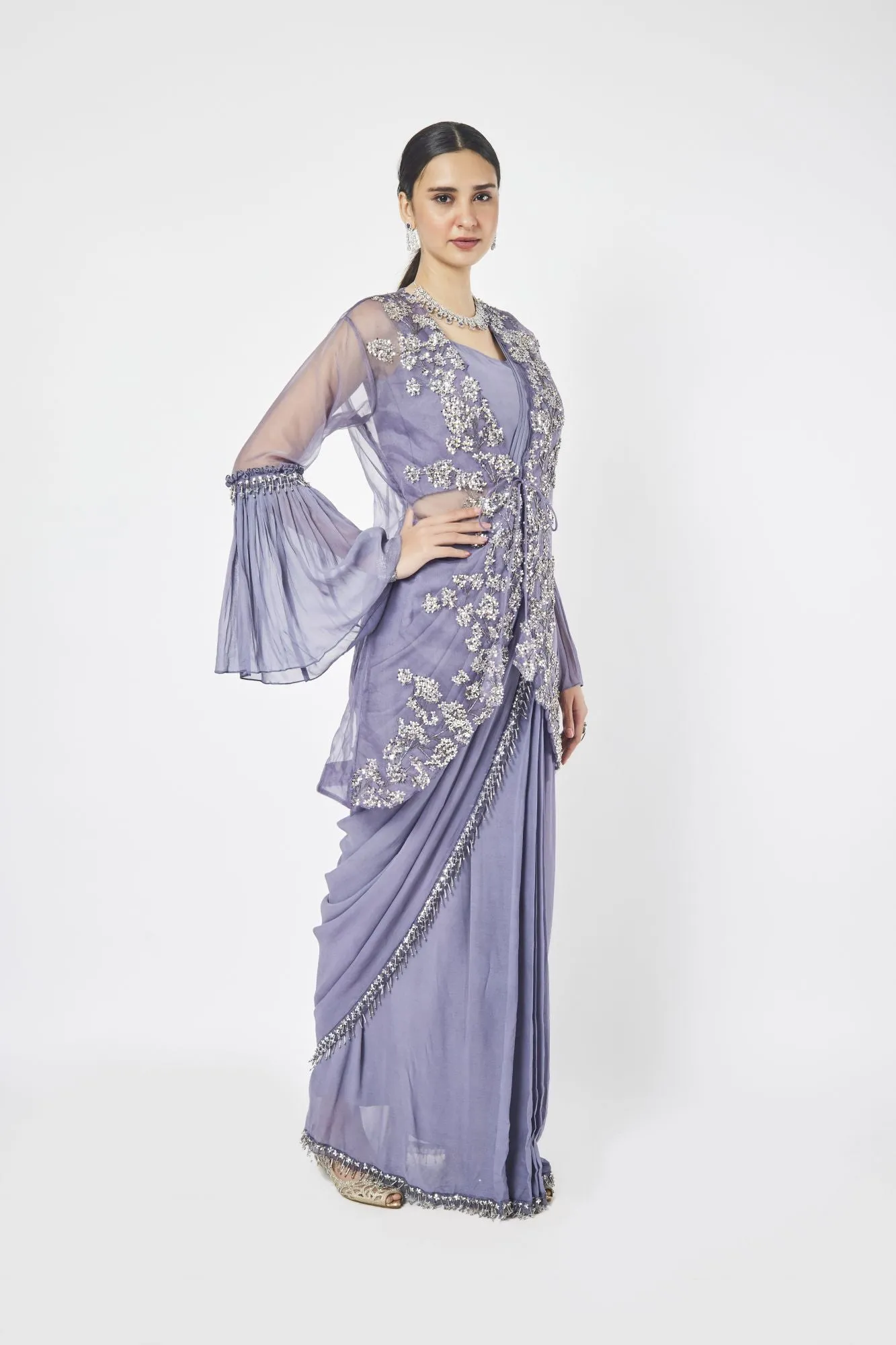 90Z896-RO Mauve Georgette Drape Saree With Jacket