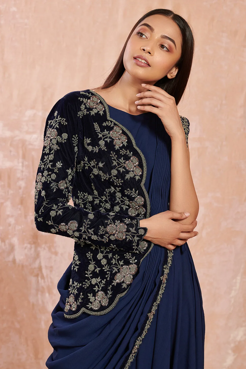 90Z950-RO Navy Blue Georgette Saree With Black Velvet Floral Border