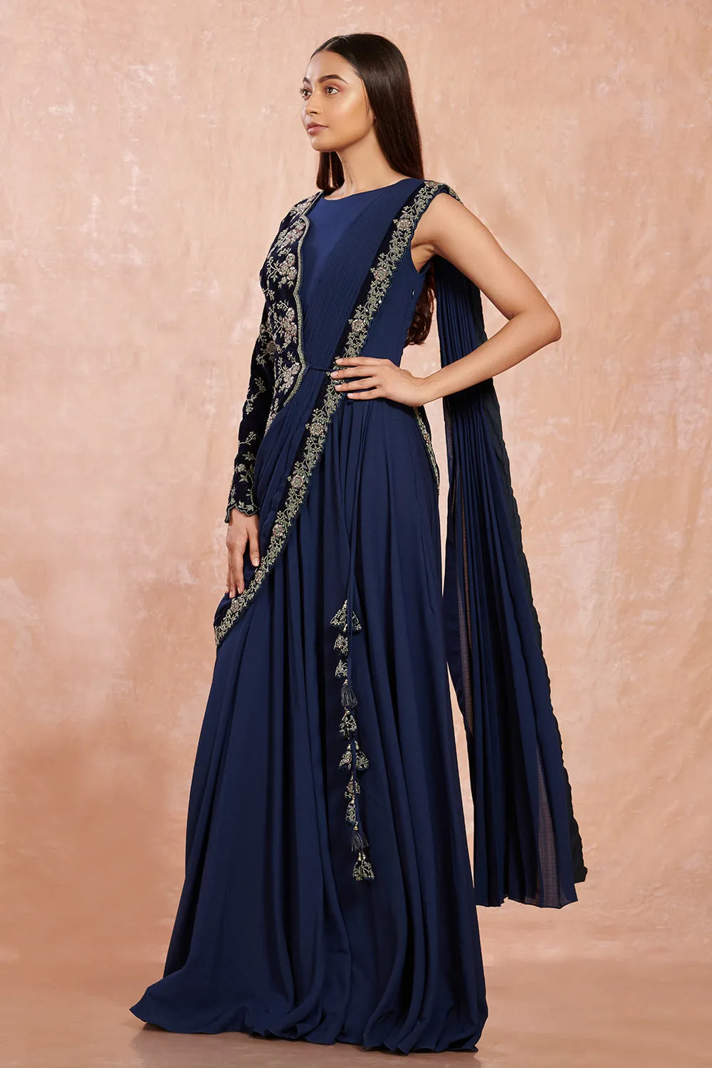 90Z950-RO Navy Blue Georgette Saree With Black Velvet Floral Border