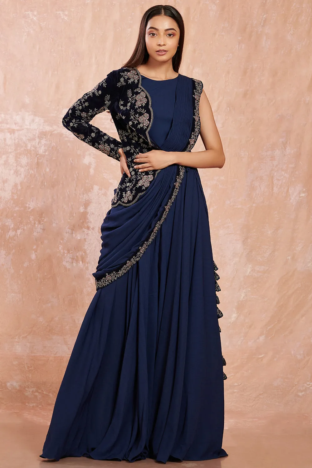 90Z950-RO Navy Blue Georgette Saree With Black Velvet Floral Border