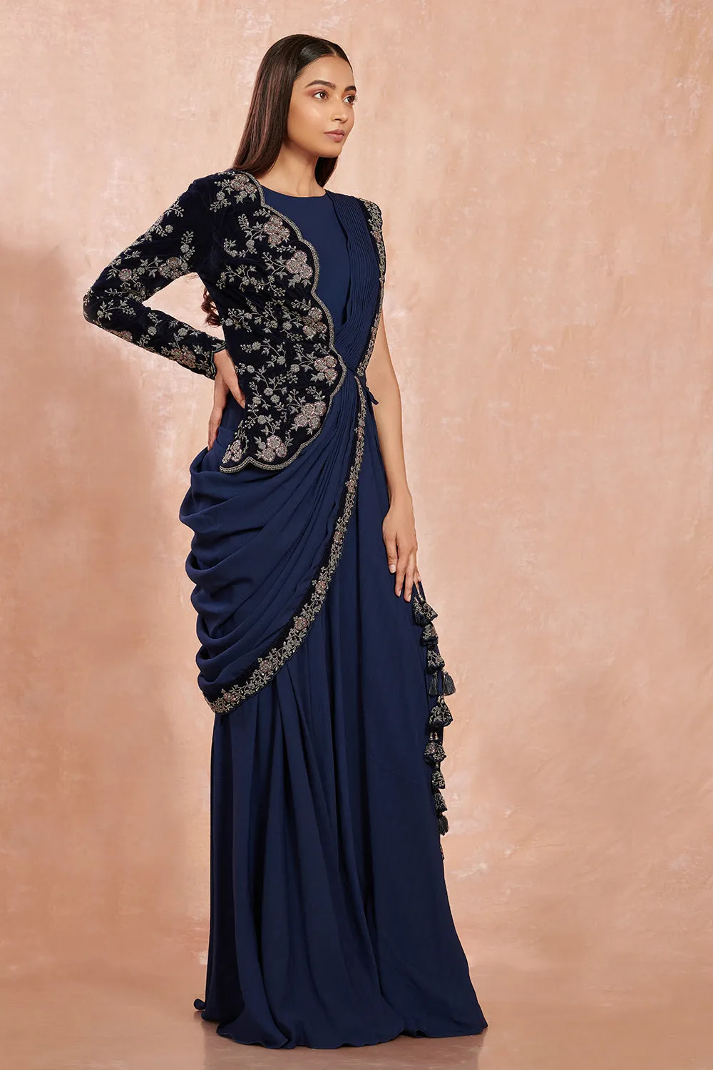 90Z950-RO Navy Blue Georgette Saree With Black Velvet Floral Border