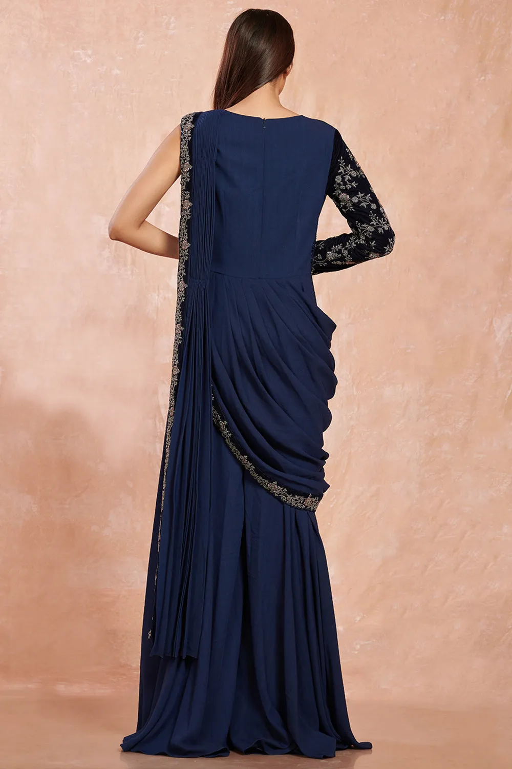 90Z950-RO Navy Blue Georgette Saree With Black Velvet Floral Border