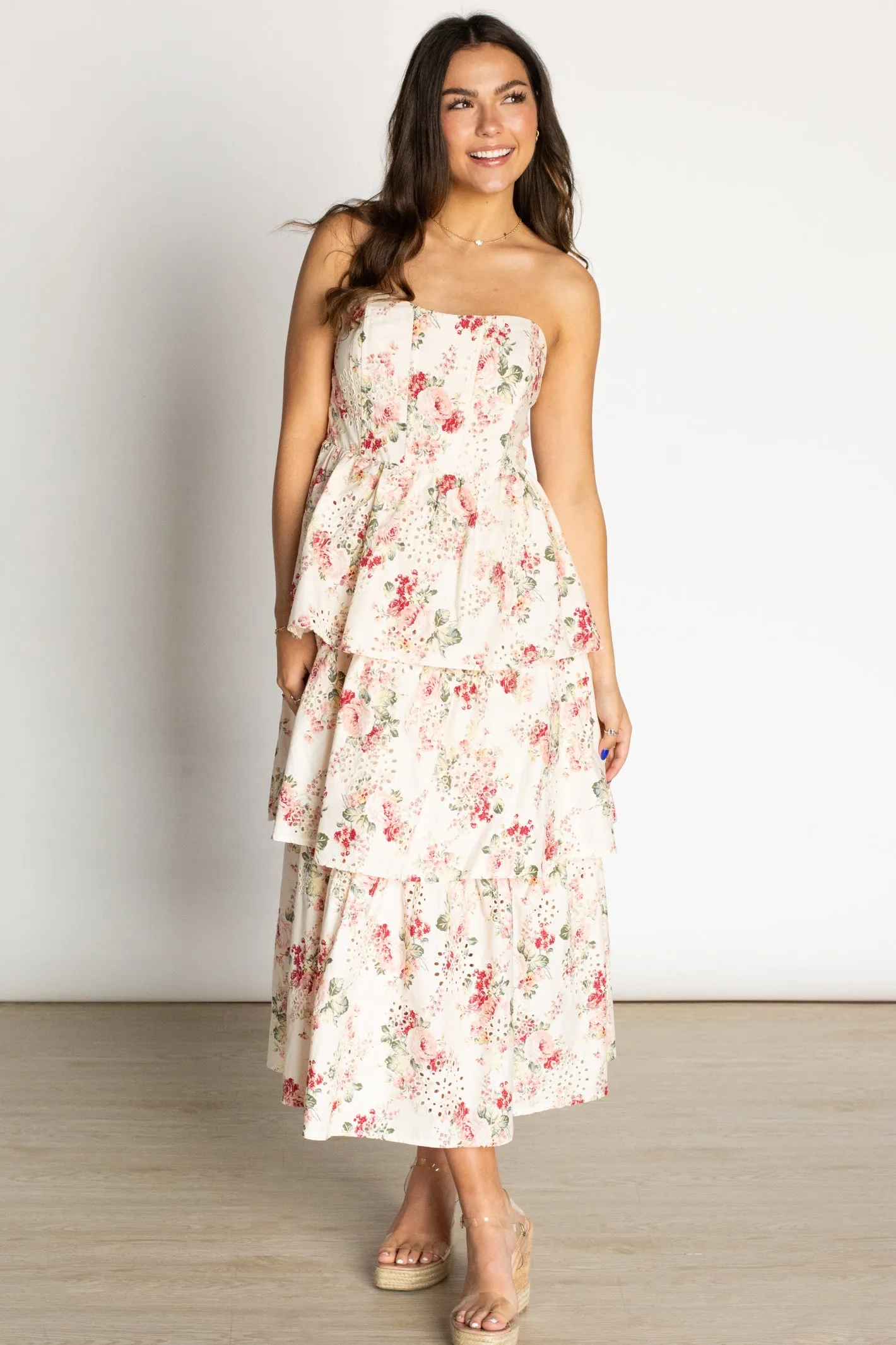 Adore the Feeling Floral Eyelet Corset Midi Dress