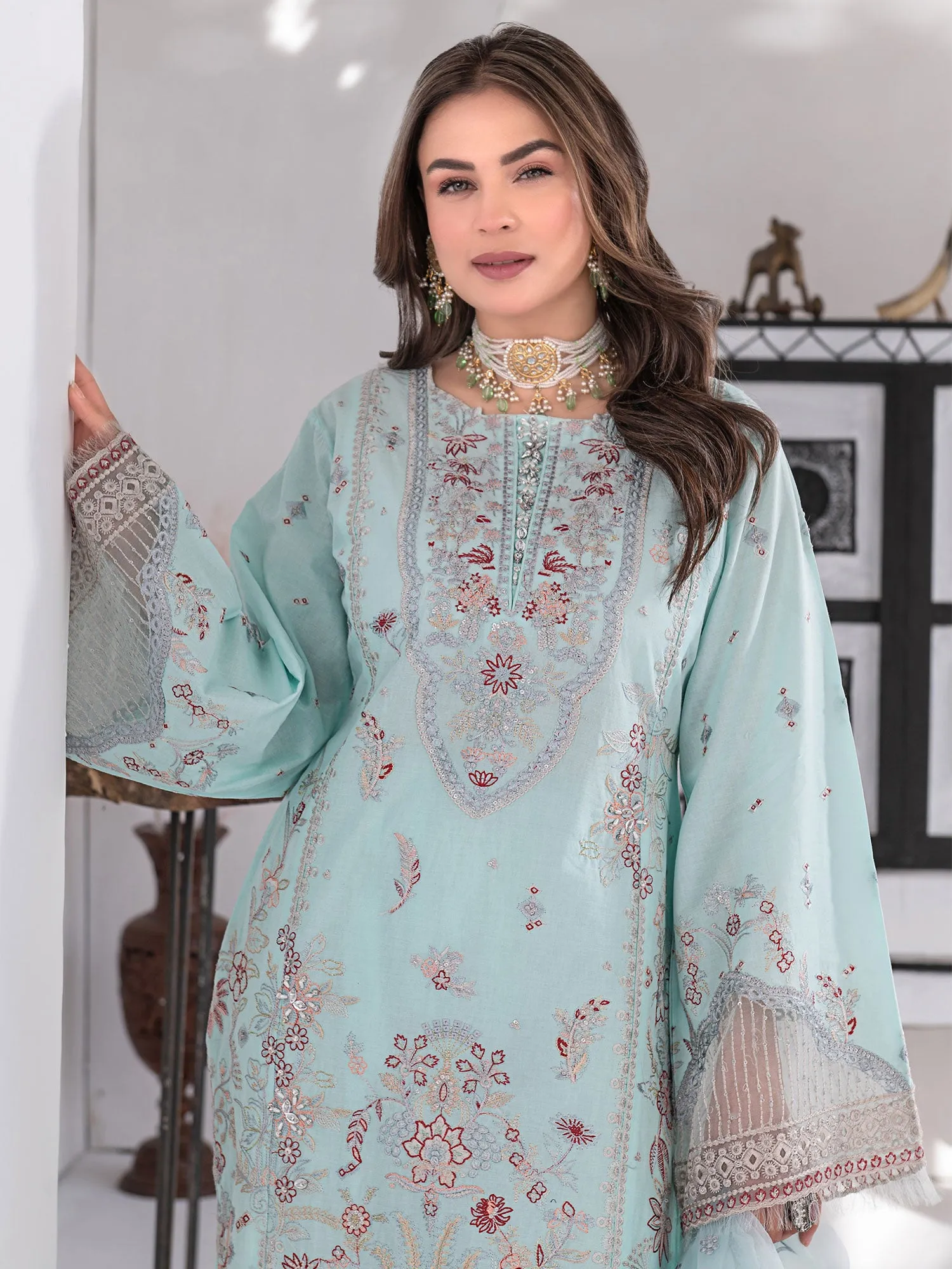 Ally's Luxury Cotton Sky Blue 3-Piece Suit (AL-823)