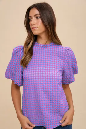 Annie Check Ruffle Mock Neck Blouse