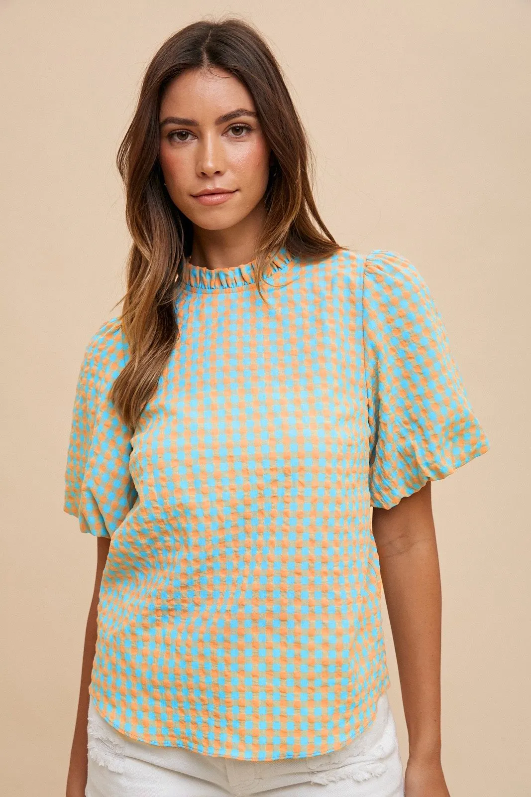 Annie Check Ruffle Mock Neck Blouse