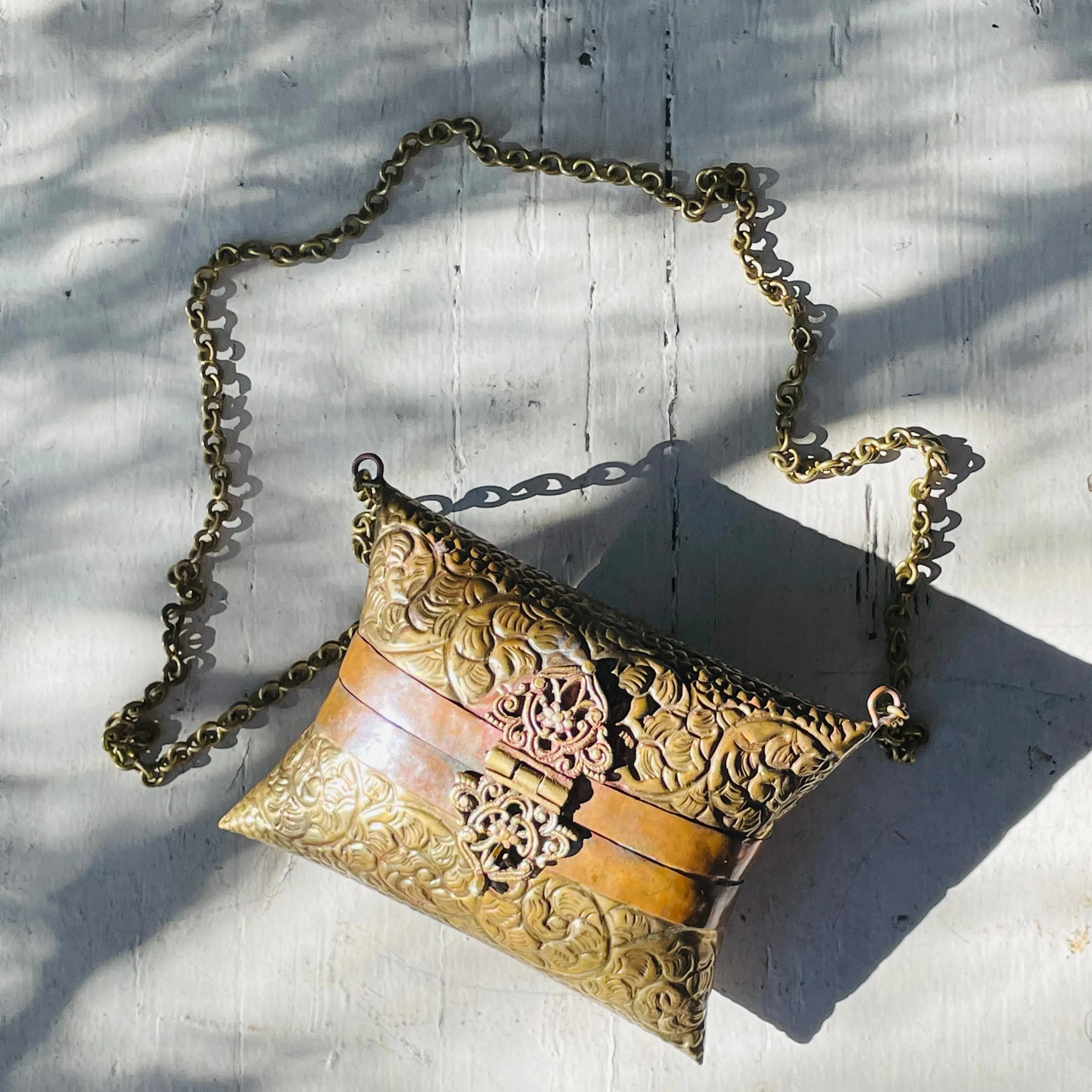 Antique Brass & Copper Metal Chain Ornate Artistic Bombay Floral Pillow Purse