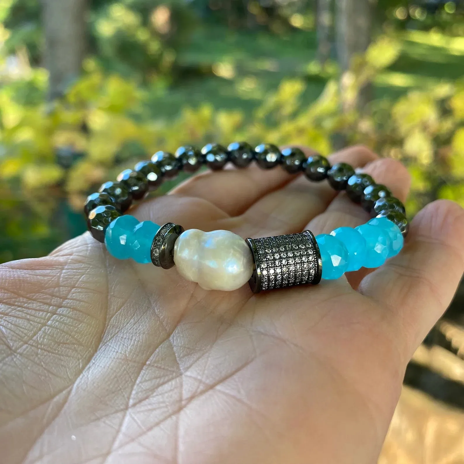 Aqua Blue Beaded Stretchy Bracelets, Chalcedony, Hematite Druzy Agate & Baroque Pearl Bracelet, Each Sold Separately