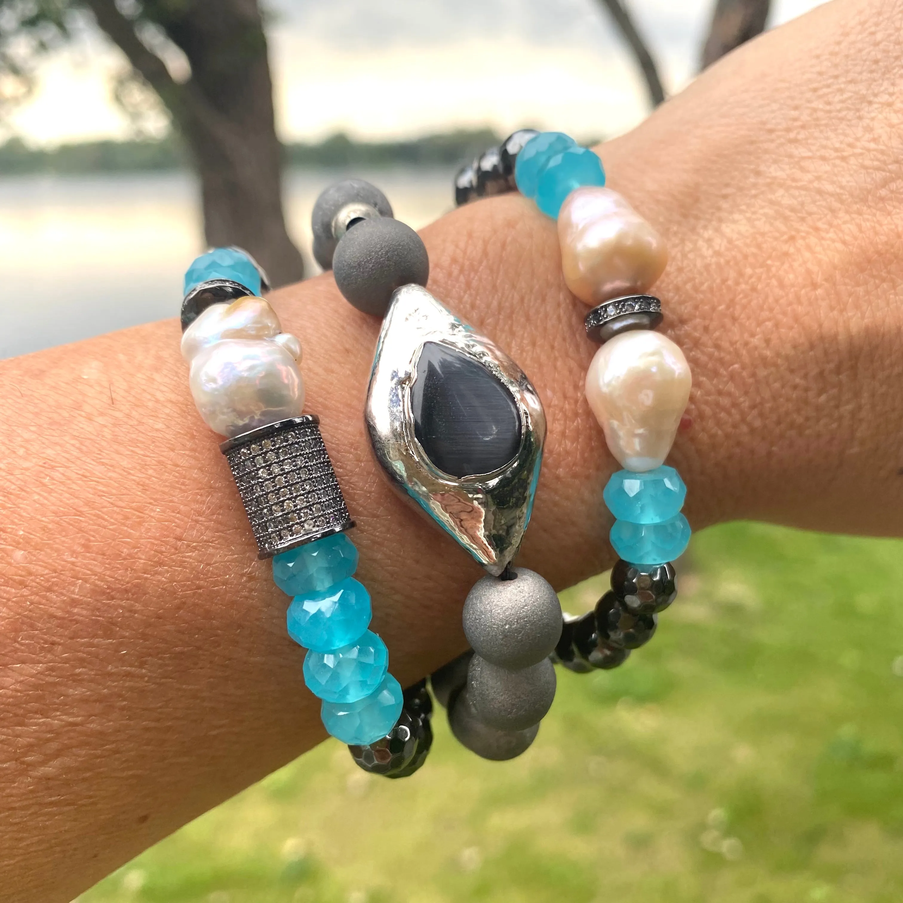 Aqua Blue Beaded Stretchy Bracelets, Chalcedony, Hematite Druzy Agate & Baroque Pearl Bracelet, Each Sold Separately