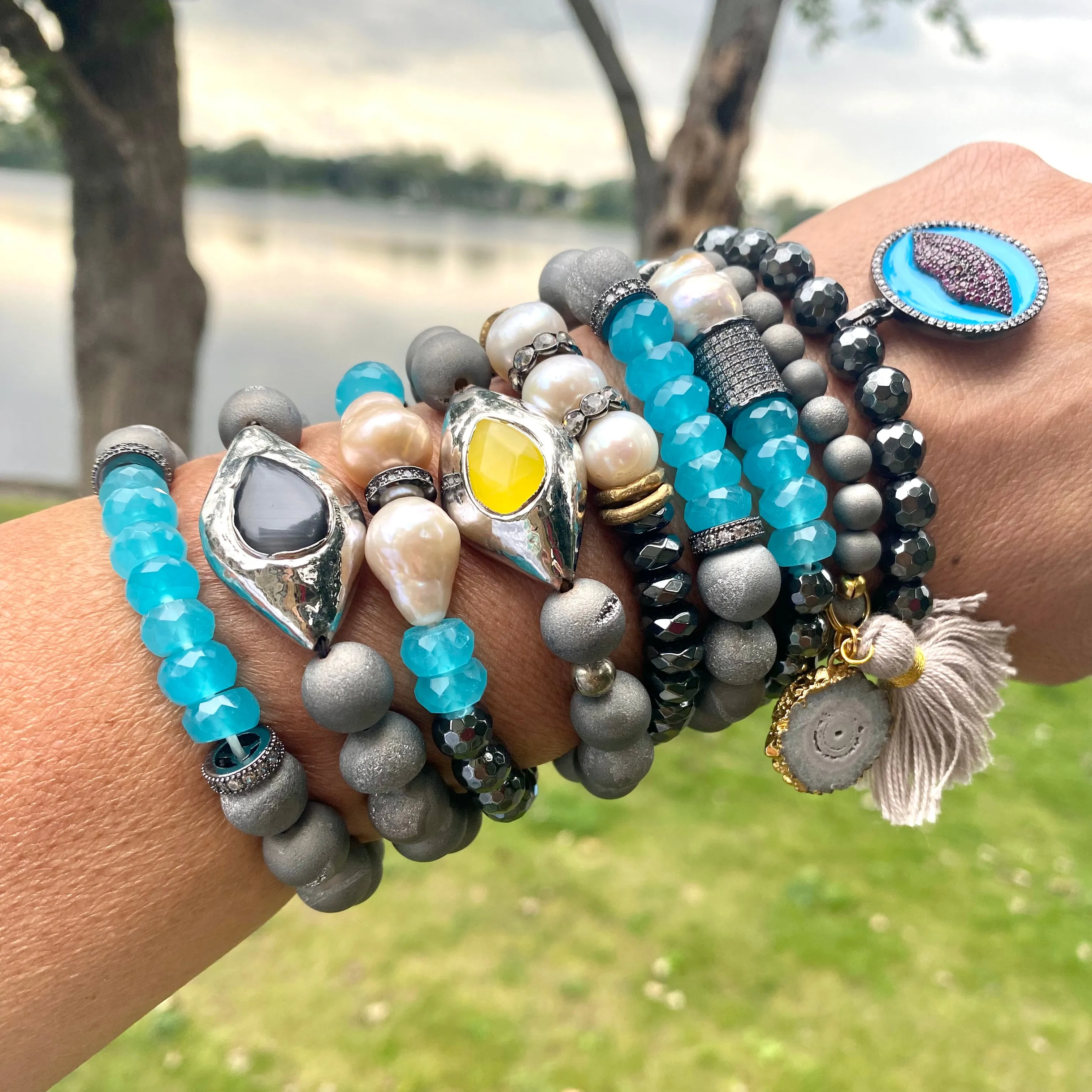 Aqua Blue Beaded Stretchy Bracelets, Chalcedony, Hematite Druzy Agate & Baroque Pearl Bracelet, Each Sold Separately