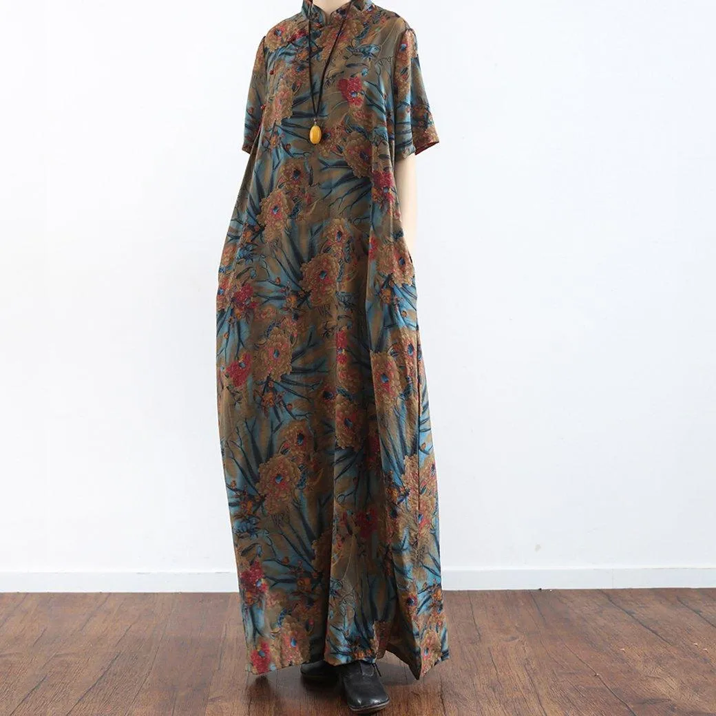 BABAKUD Summer Retro Chinese Style Loose Cotton Printed Robe Dress