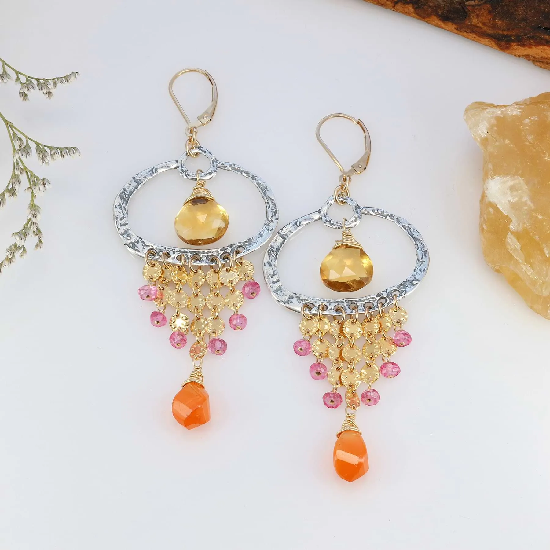 Biarritz - Citrine, Carnelian and Pink Topaz Drop Earrings