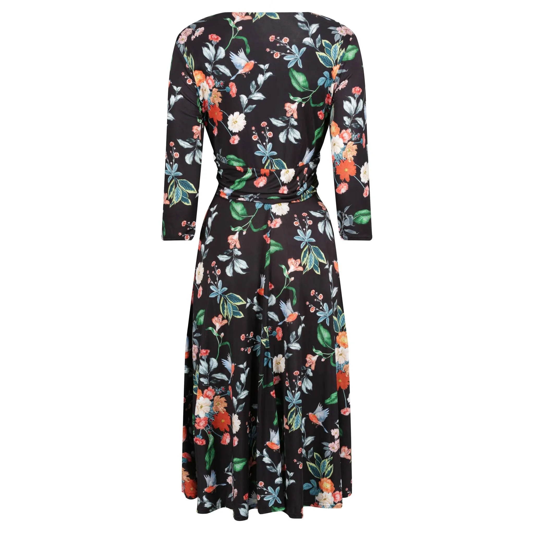 Black Floral Bird Print 3/4 Sleeve V Neck Crossover Top Empire Waist Tea Dress