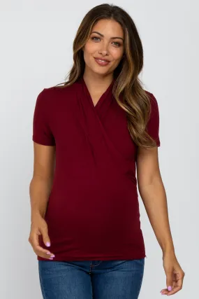 Burgundy Solid Short Sleeve Wrap Front Maternity/Nursing Top