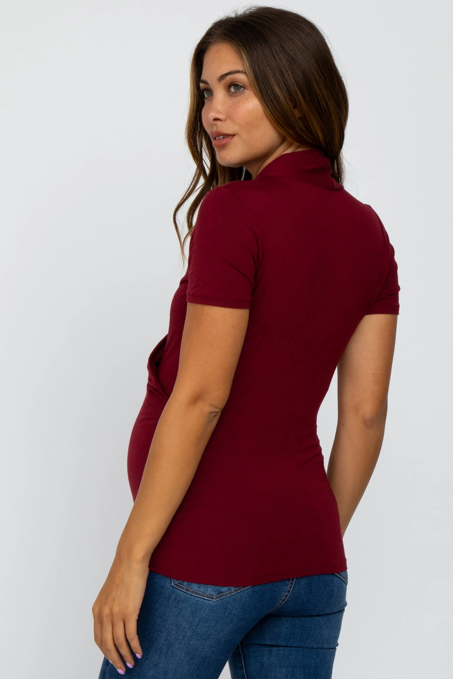 Burgundy Solid Short Sleeve Wrap Front Maternity/Nursing Top