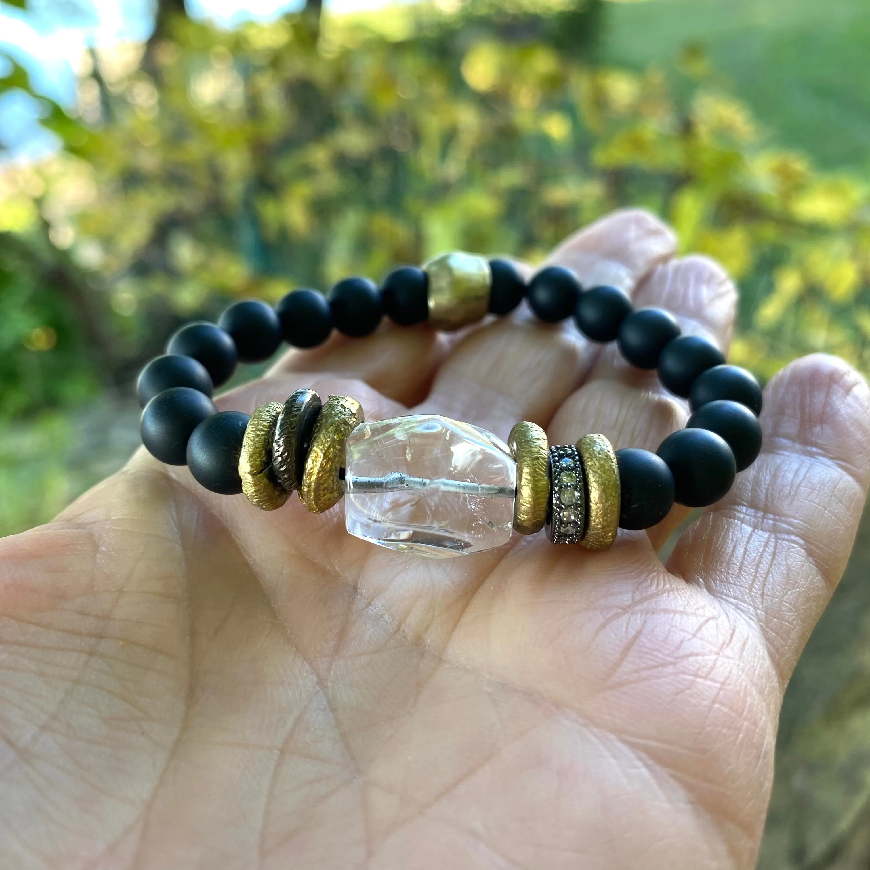 Clear Rock Crystal Quartz and Onyx Bracelet