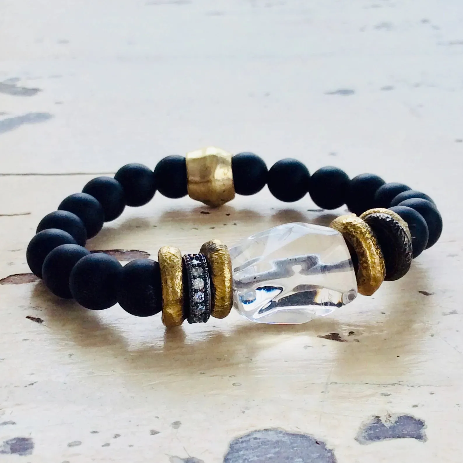 Clear Rock Crystal Quartz and Onyx Bracelet