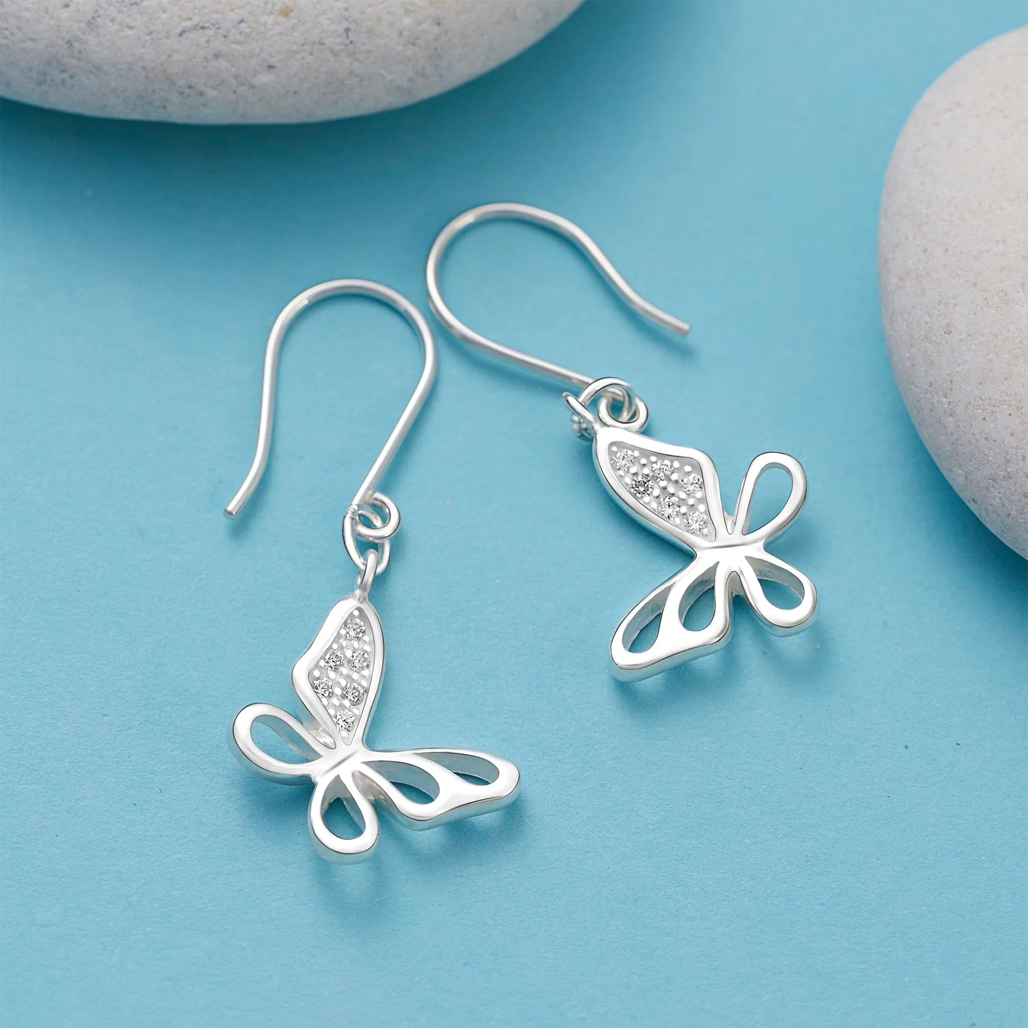 CZ Open Wings Butterfly Dangling Earrings Silver