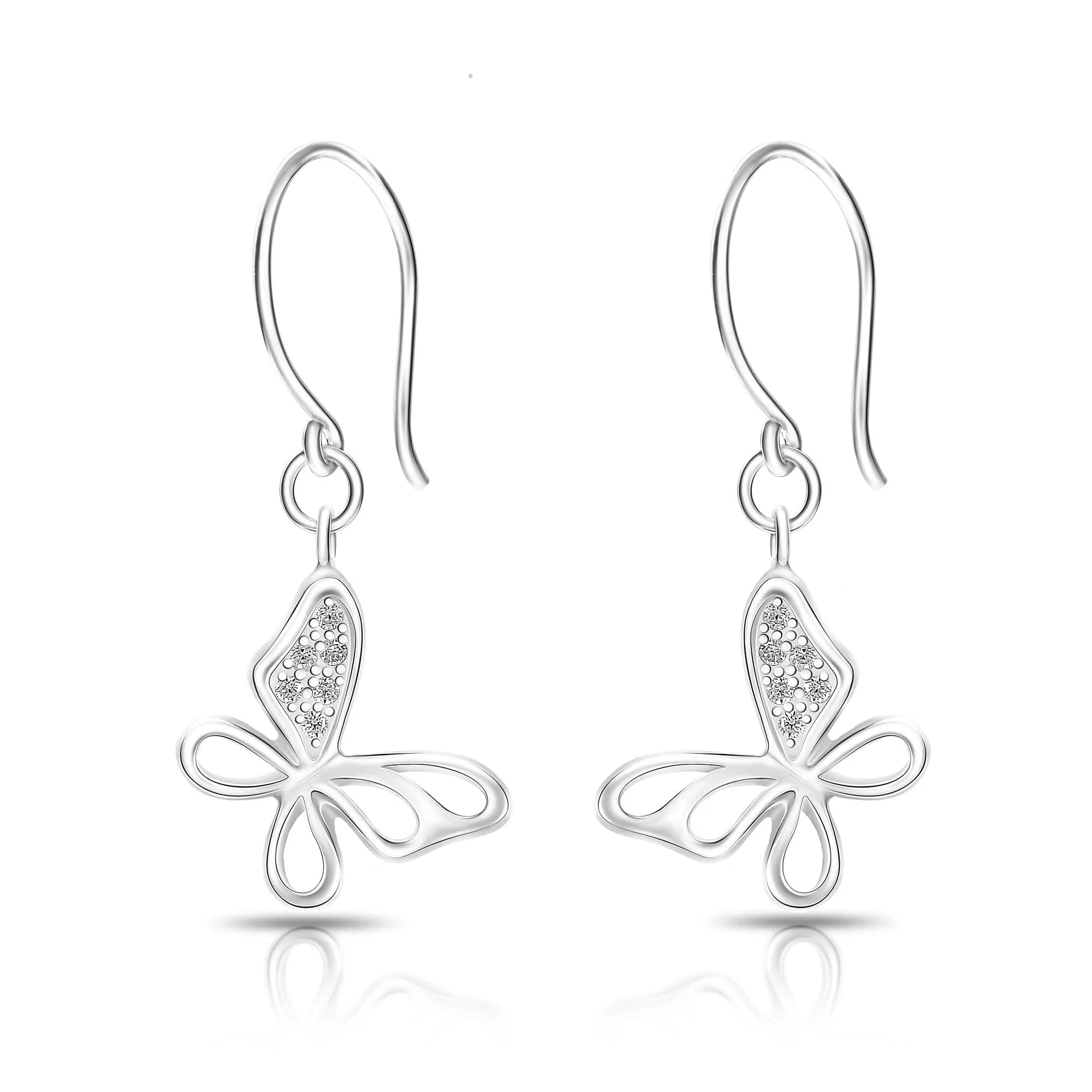 CZ Open Wings Butterfly Dangling Earrings Silver