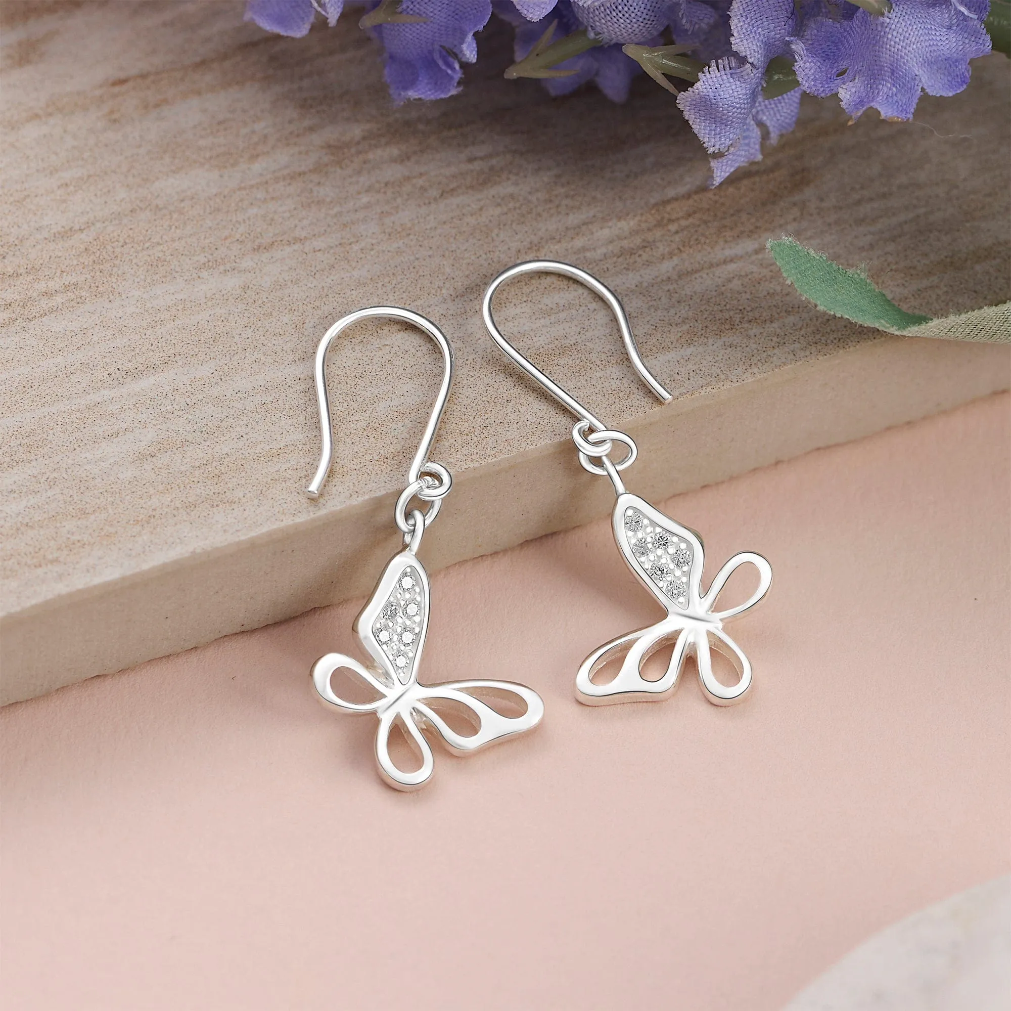 CZ Open Wings Butterfly Dangling Earrings Silver