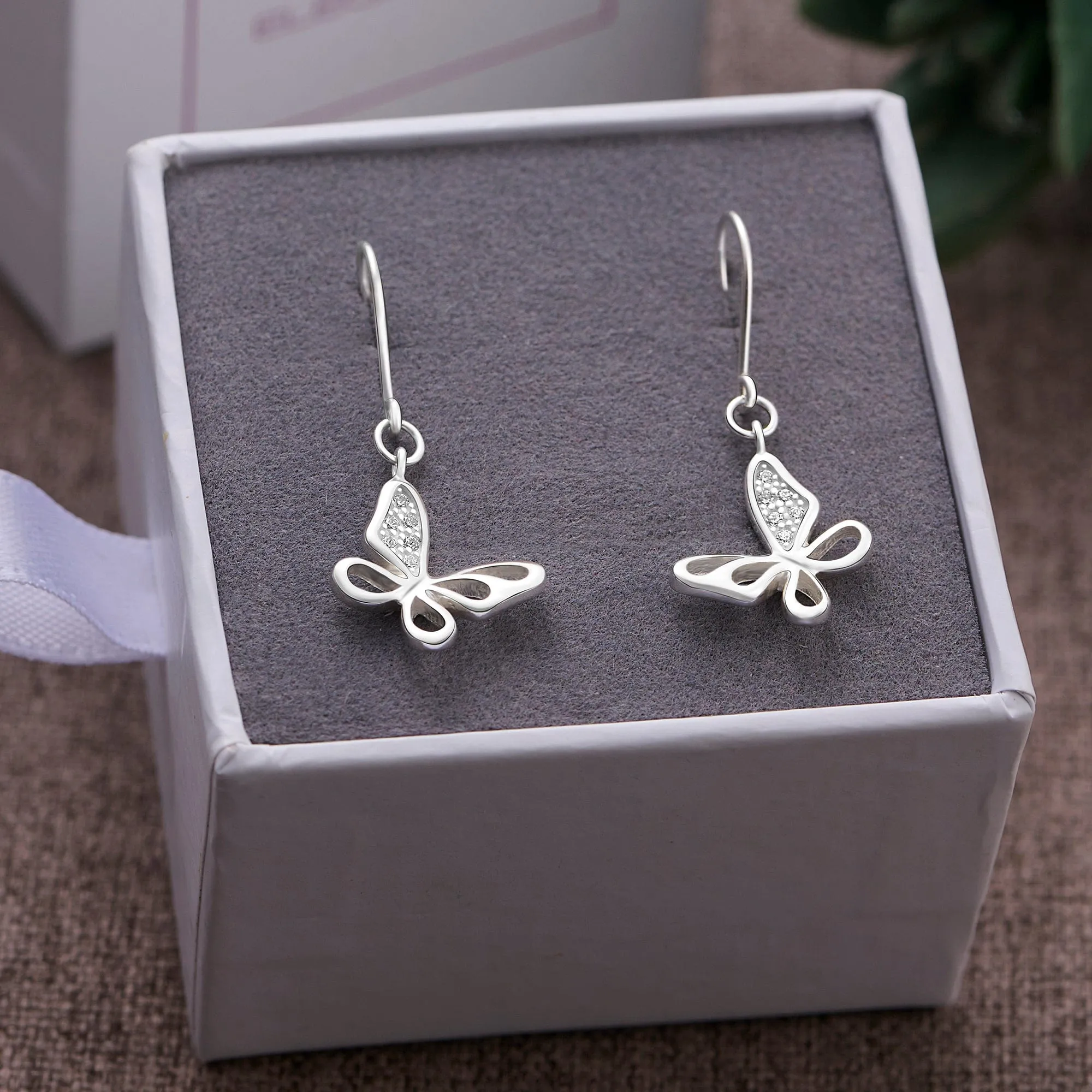 CZ Open Wings Butterfly Dangling Earrings Silver