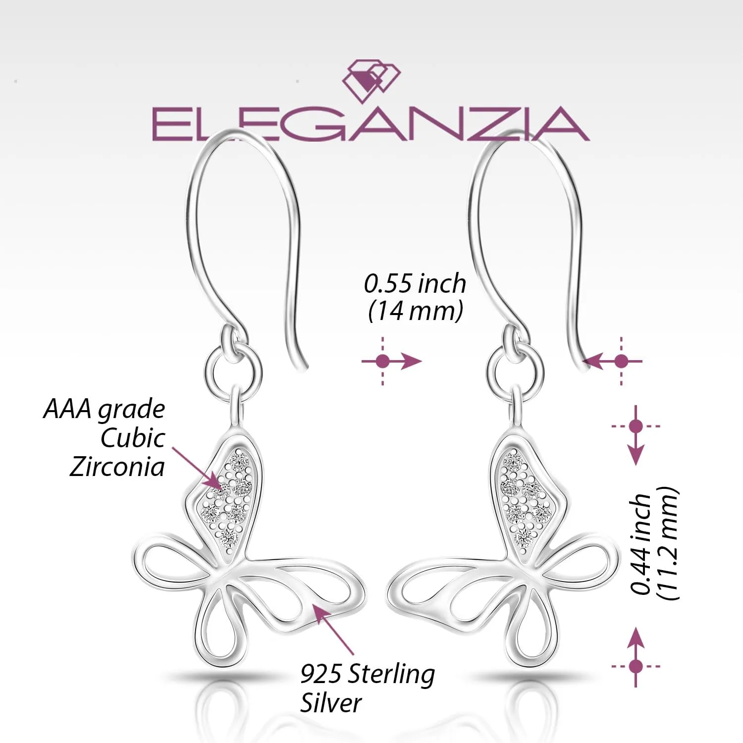 CZ Open Wings Butterfly Dangling Earrings Silver