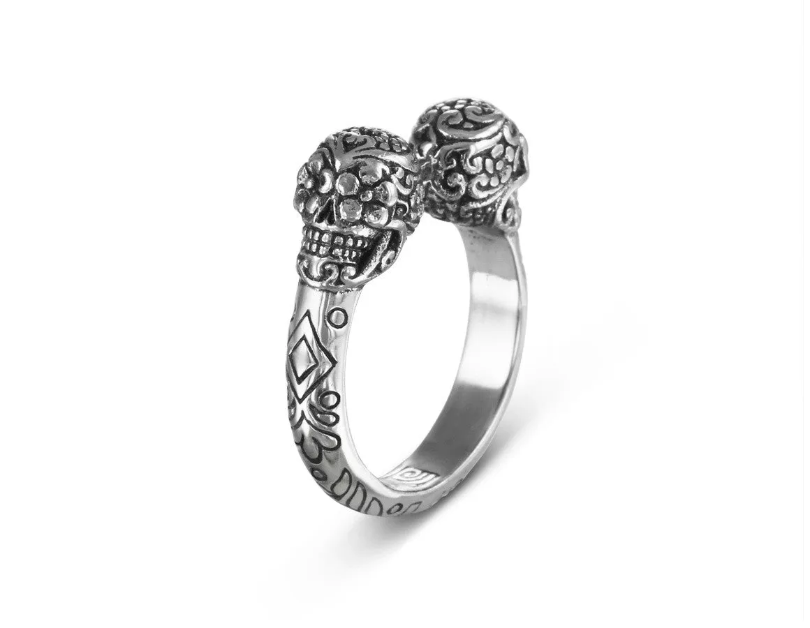 Day of the Dead Twin Skull Ring - Silver