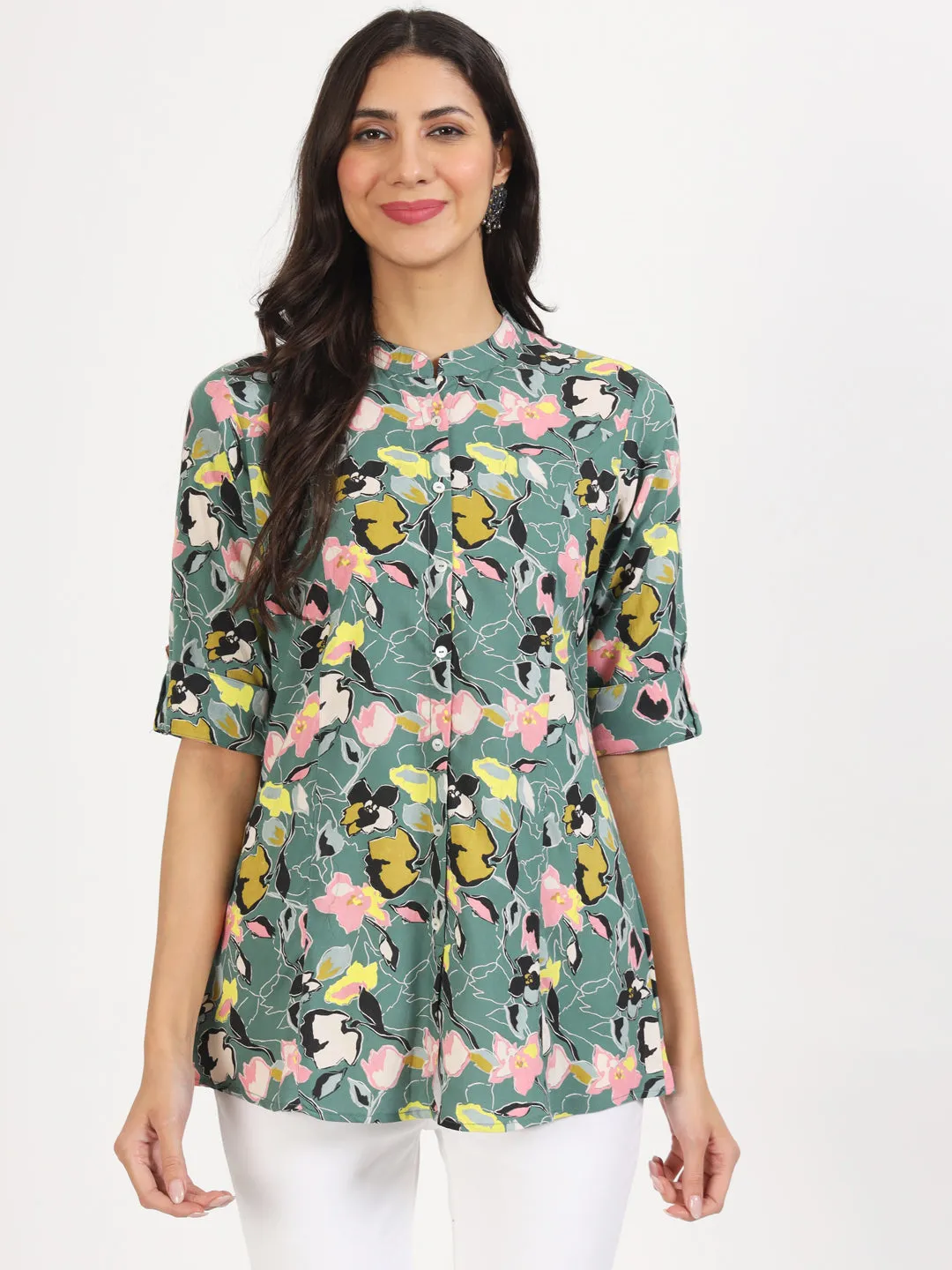 Divena Green Pink Floral Printed Rayon Top