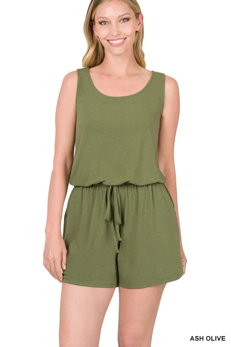 DOORBUSTER: Sleeveless Pocket Romper - Ash Olive