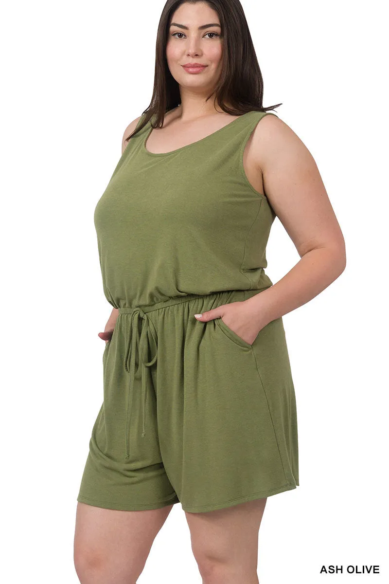 DOORBUSTER: Sleeveless Pocket Romper - Ash Olive