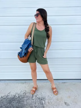 DOORBUSTER: Sleeveless Pocket Romper - Ash Olive