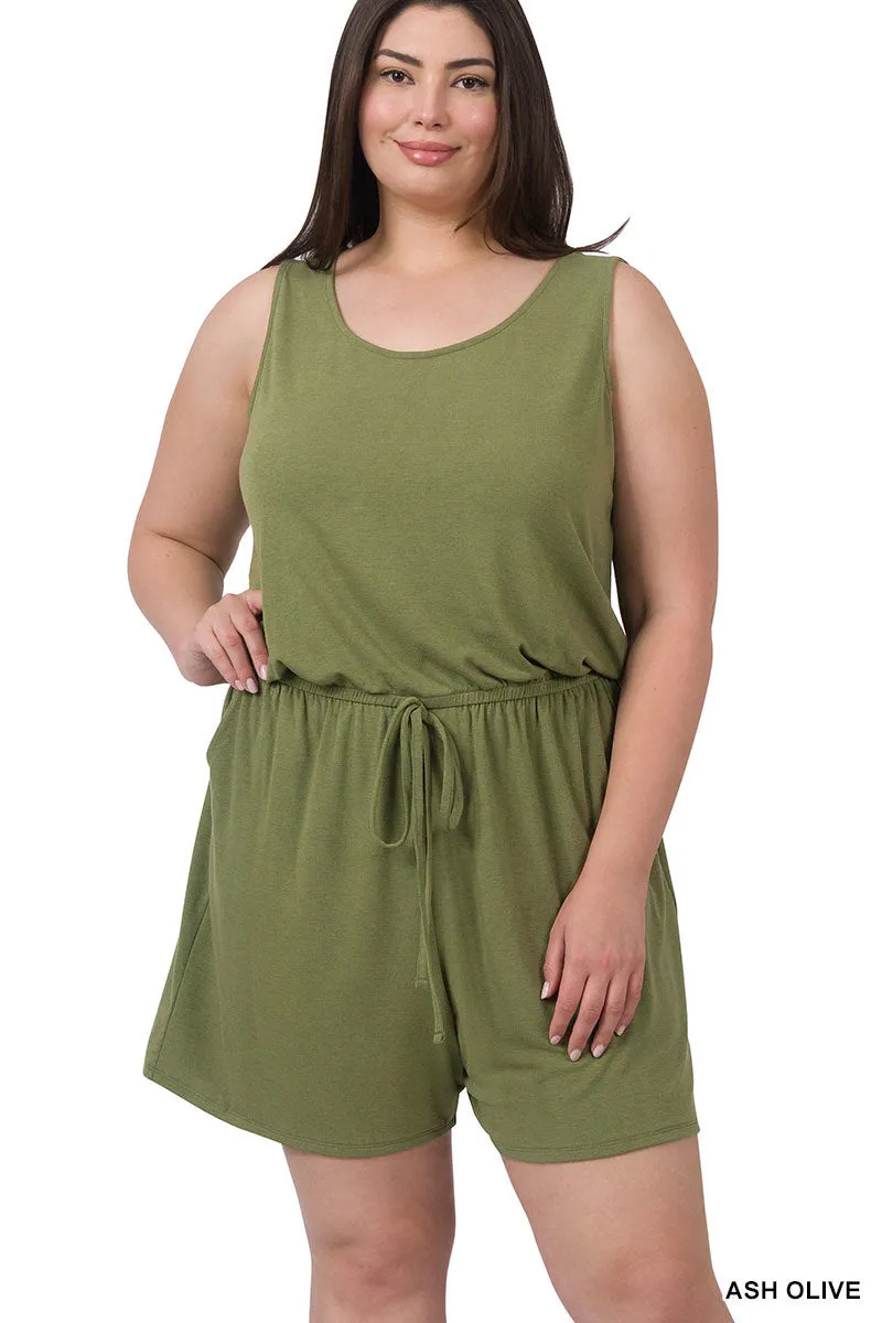 DOORBUSTER: Sleeveless Pocket Romper - Ash Olive