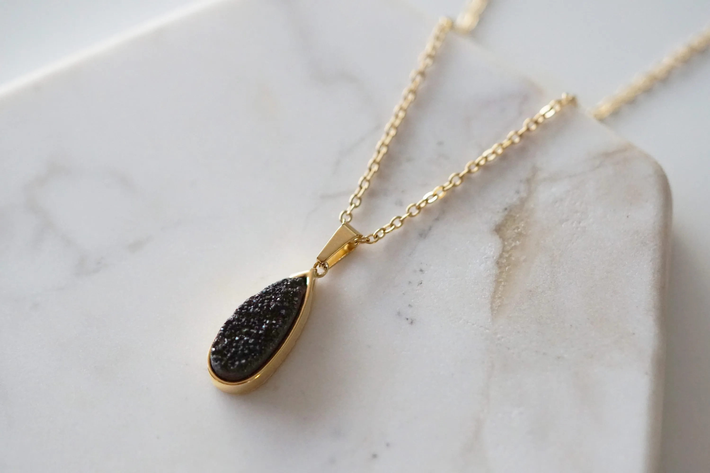 Druzy Collection - Petite Raven Quartz Drop Necklace