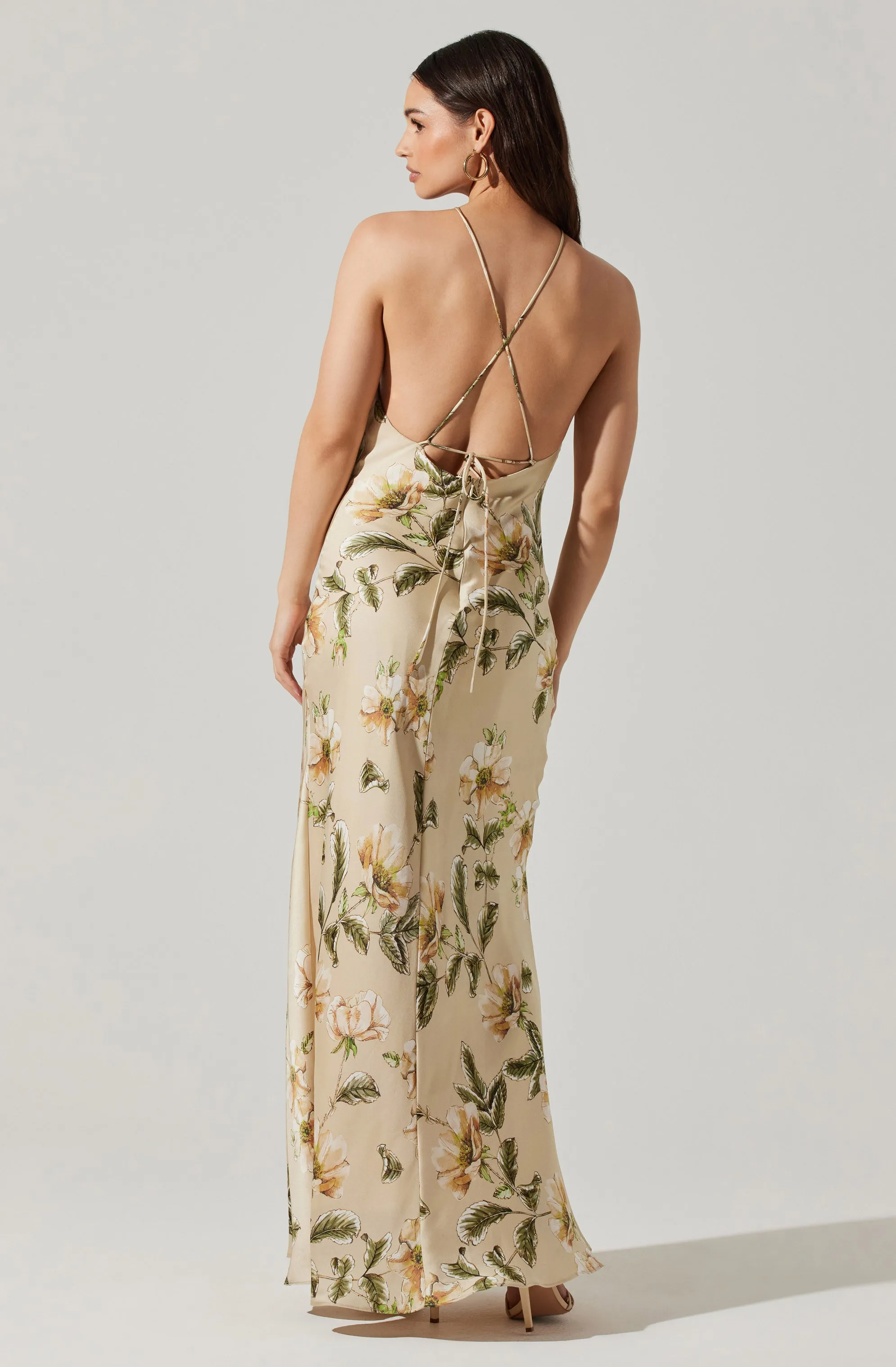 Elynor Satin Floral Halter Maxi Dress