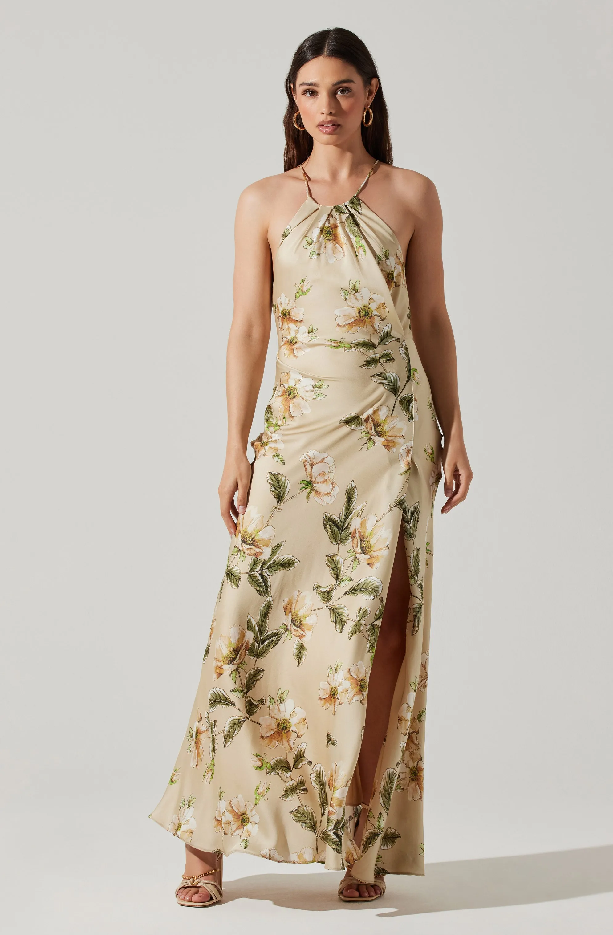 Elynor Satin Floral Halter Maxi Dress