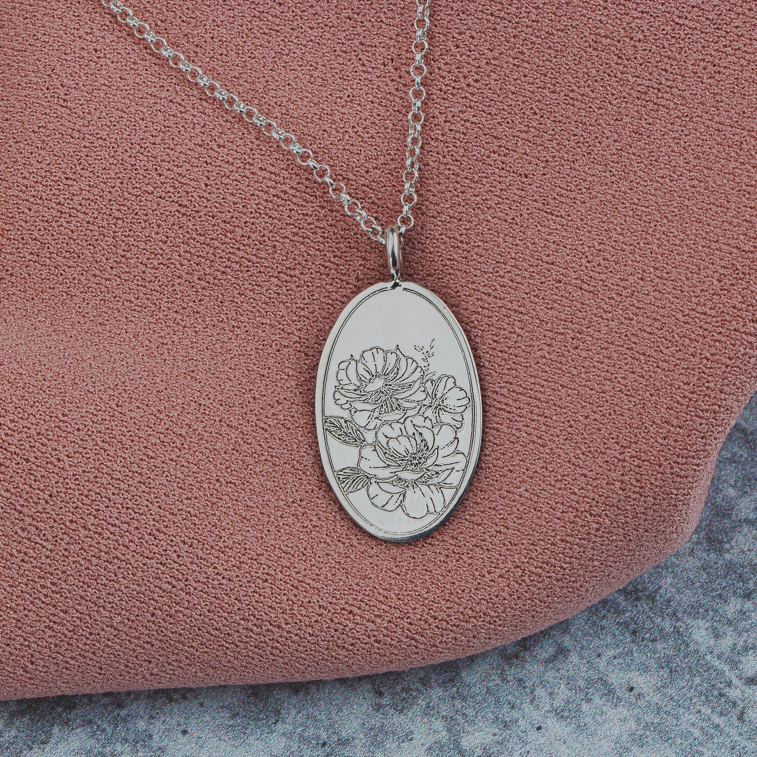 Engraved Peony Flower Pendant Necklace