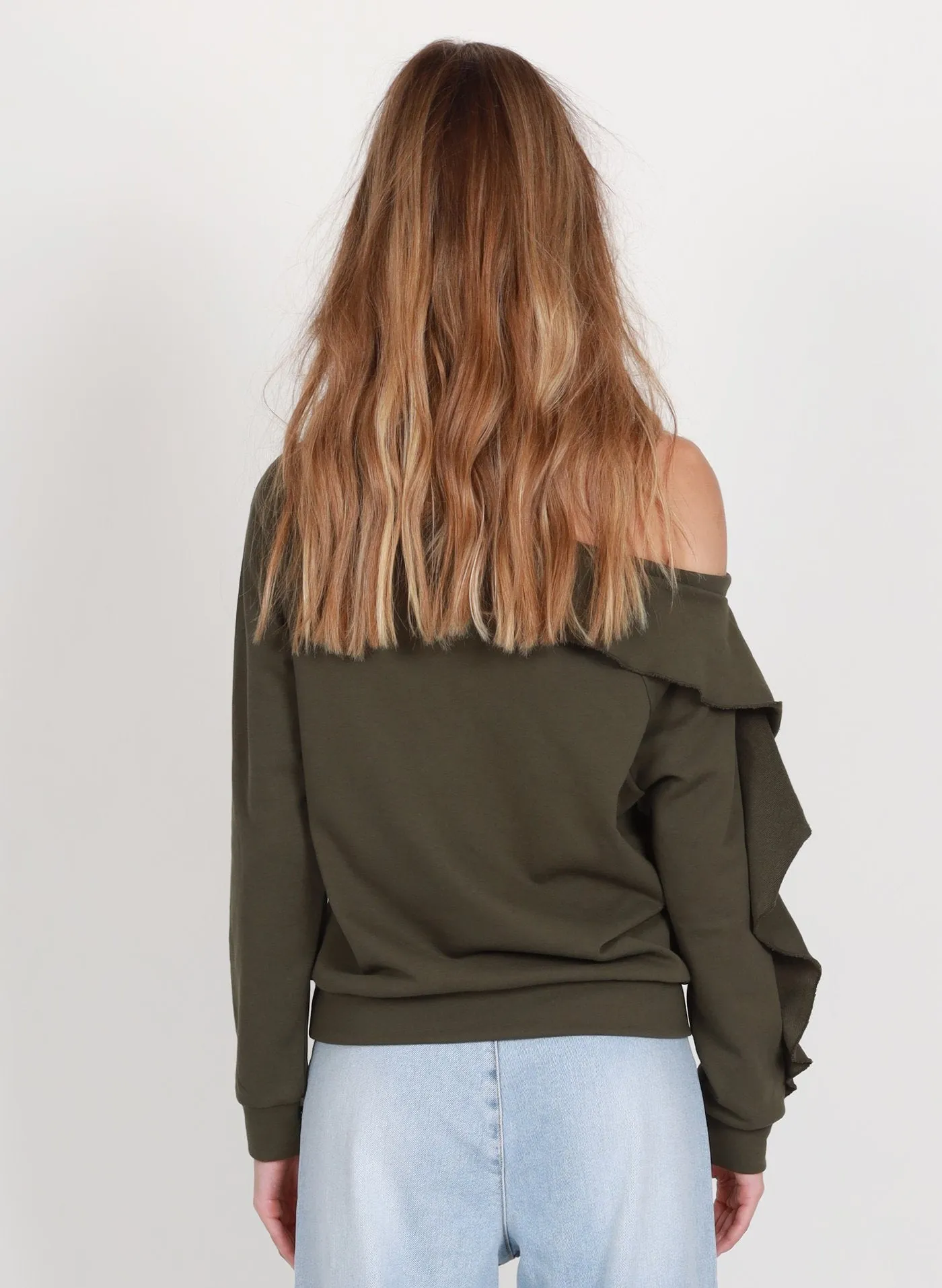 Frills One Shoulder Olive Sweat