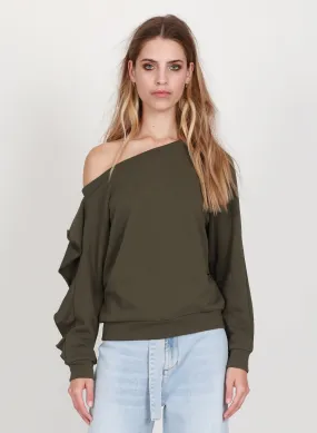 Frills One Shoulder Olive Sweat