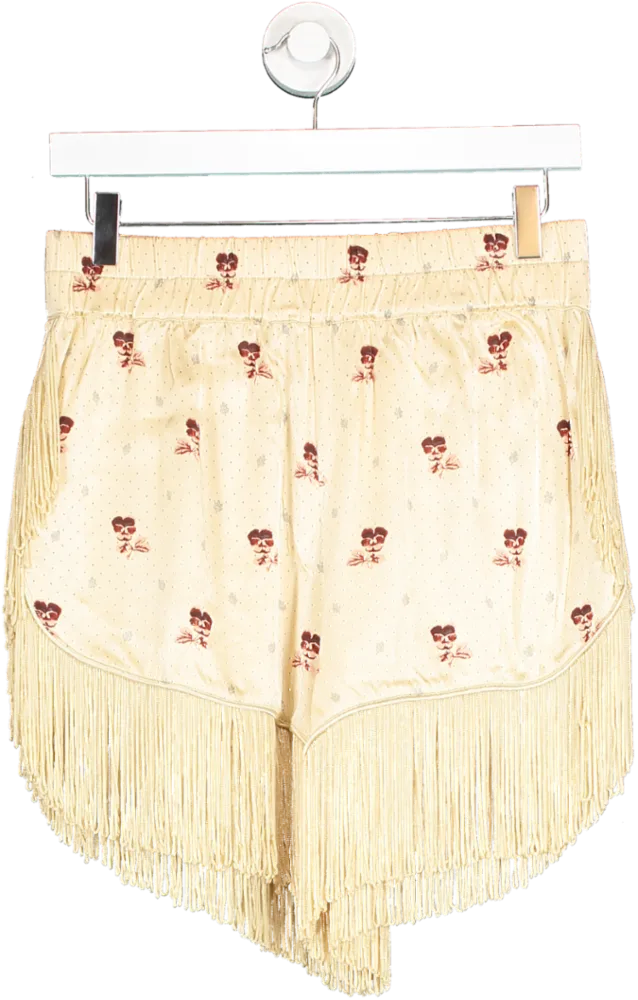 Ganni Cream Satin Floral Pattern Shorts With Fringe Hem UK 10