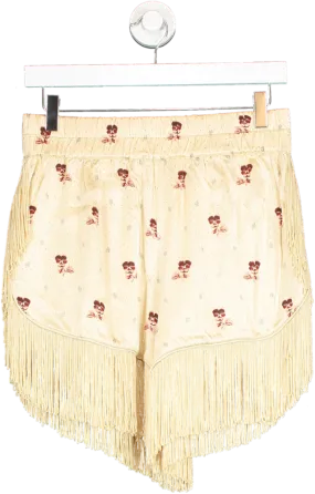 Ganni Cream Satin Floral Pattern Shorts With Fringe Hem UK 10