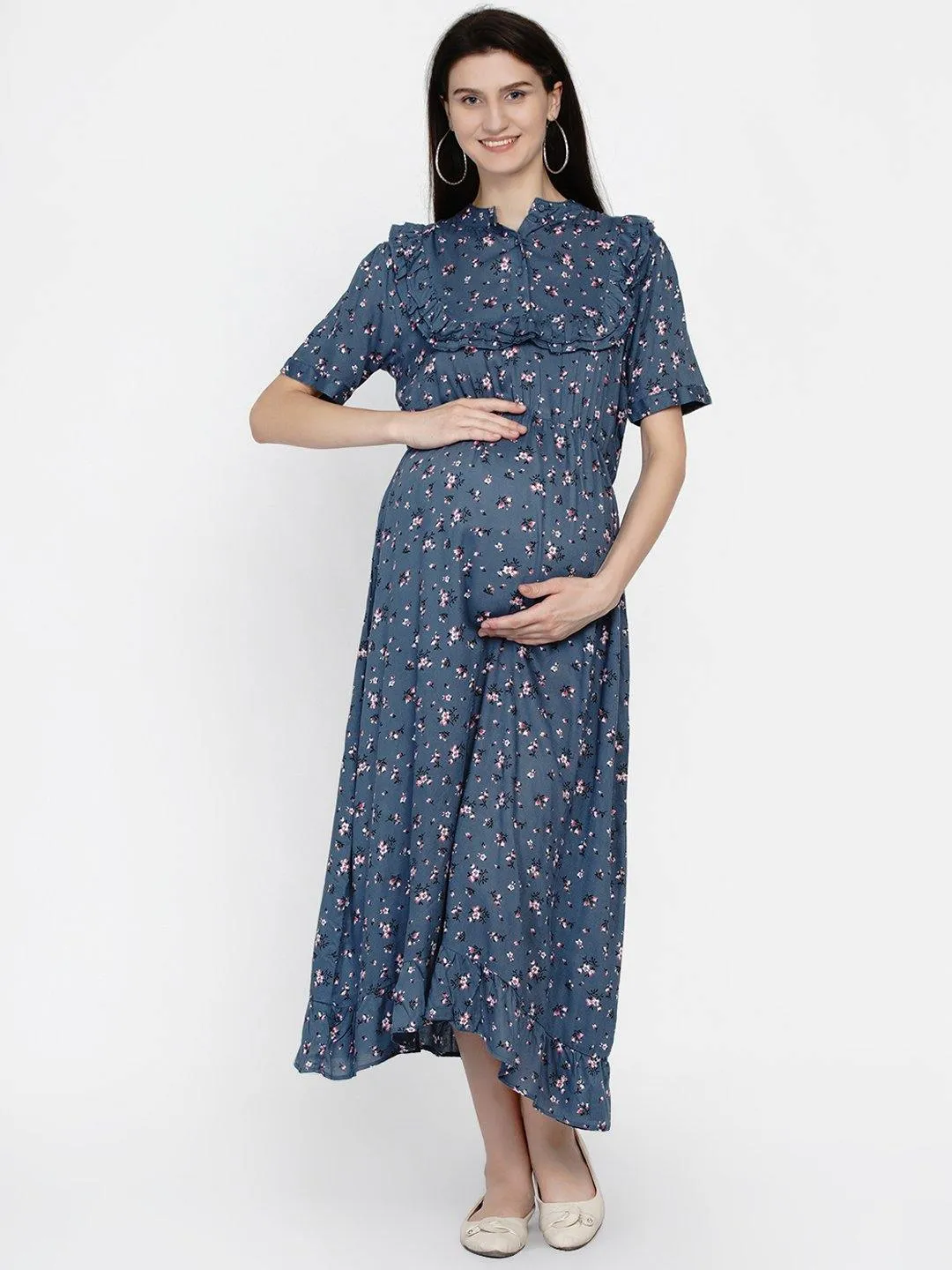 Gray Floral Print Maternity and Nursing Midi Dress