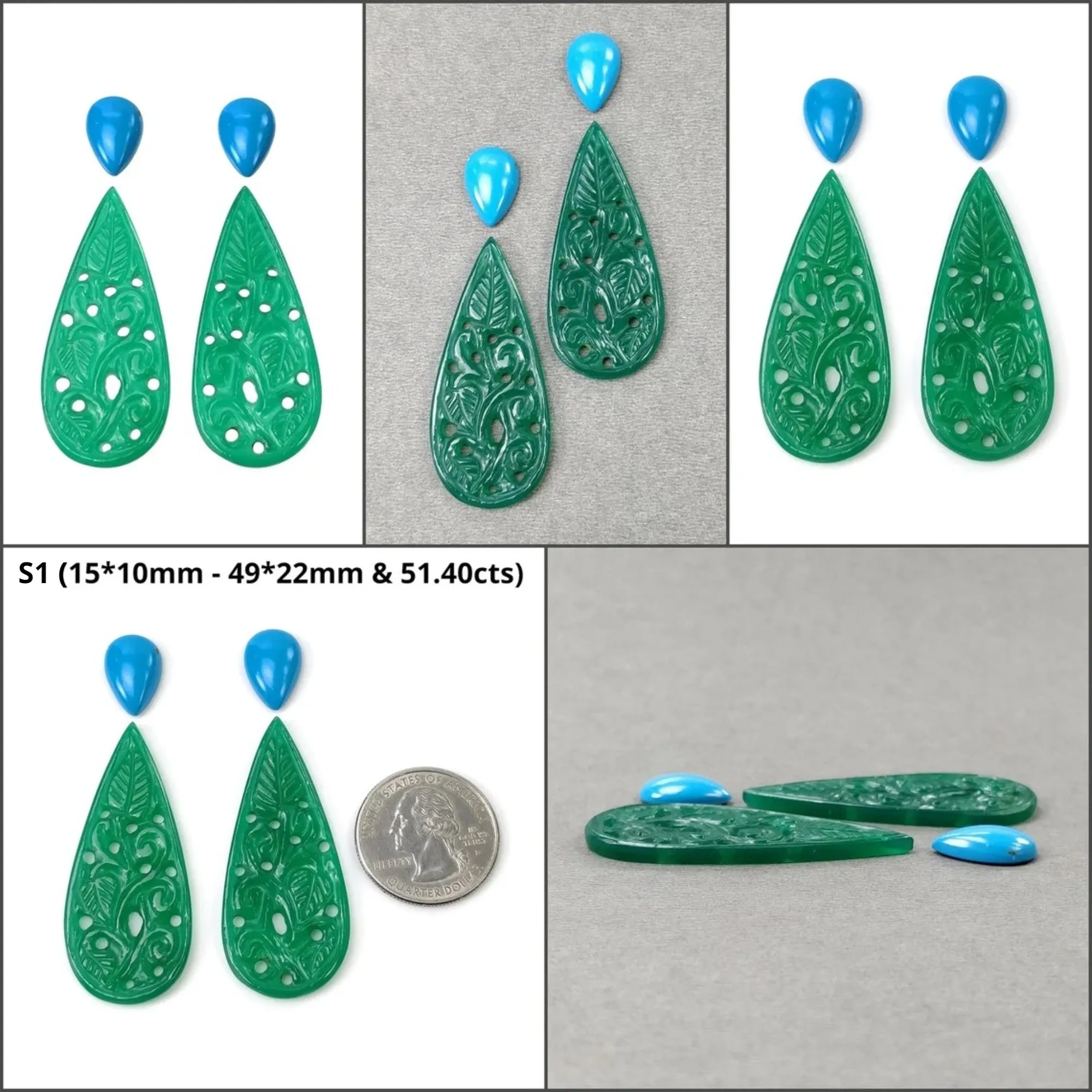 Green Yellow Onyx & Synthetic Turquoise Gemstone Carving : Natural Color Enhanced Onyx Hand Carved Uneven Pear Shape 4pcs